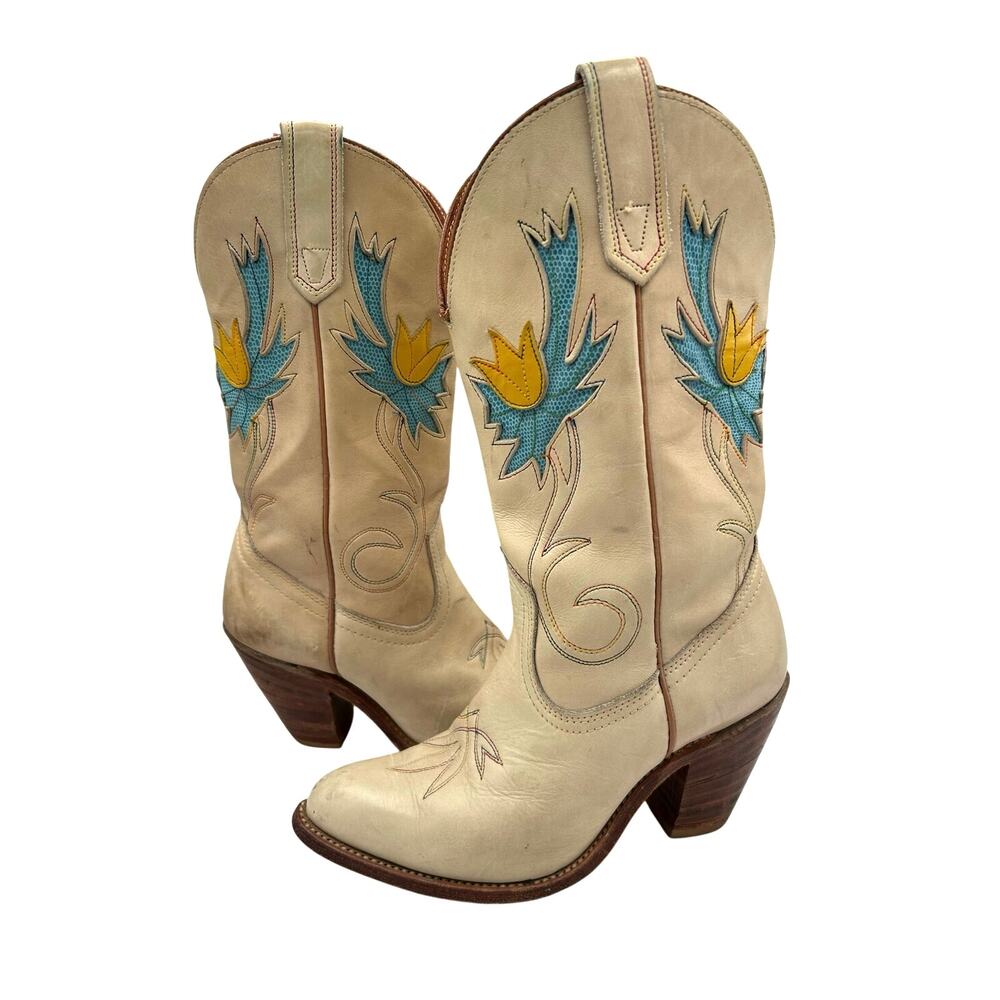 Vintage Miss Capezio Tulip Cowgirl Boots 7 USA Made Rainbow Stitched Western